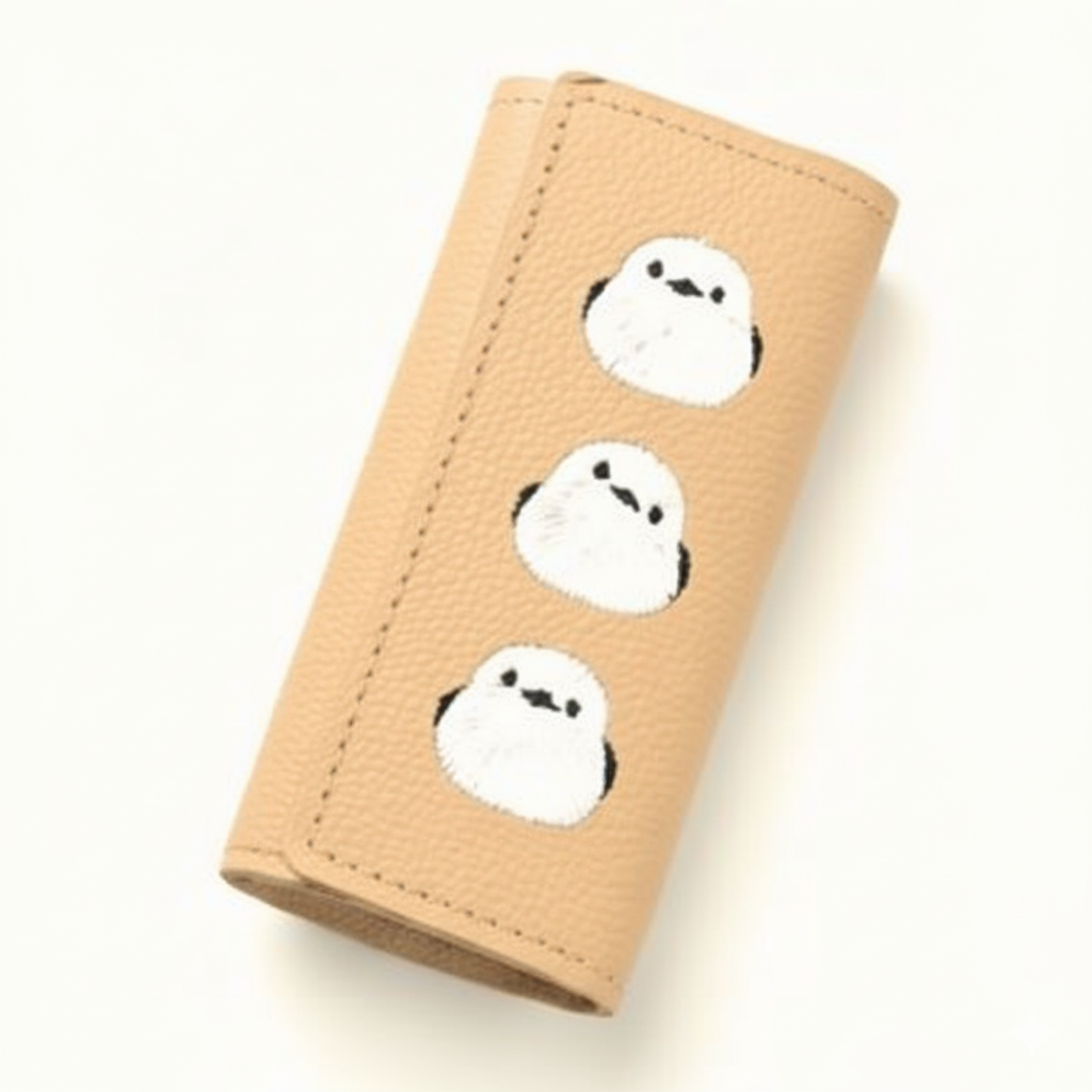 シマエナガとネコ 三つ折り キーケース 【 シュリンクレザー 刺繍 】 姫路レザー 本革