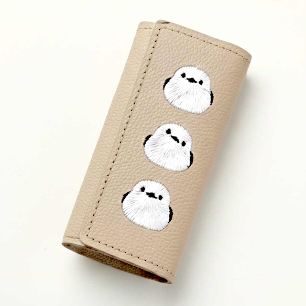 シマエナガとネコ 三つ折り キーケース 【 シュリンクレザー 刺繍 】 姫路レザー 本革