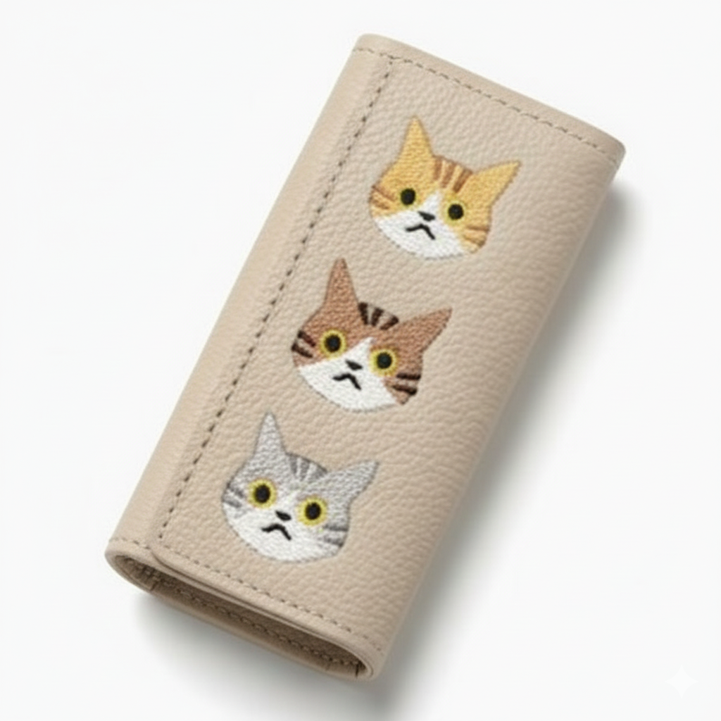 シマエナガとネコ 三つ折り キーケース 【 シュリンクレザー 刺繍 】 姫路レザー 本革