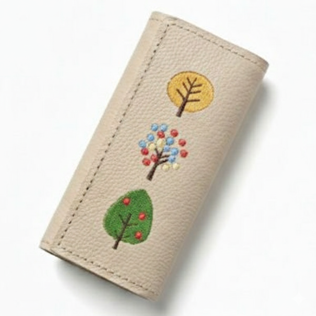 シマエナガとネコ 三つ折り キーケース 【 シュリンクレザー 刺繍 】 姫路レザー 本革