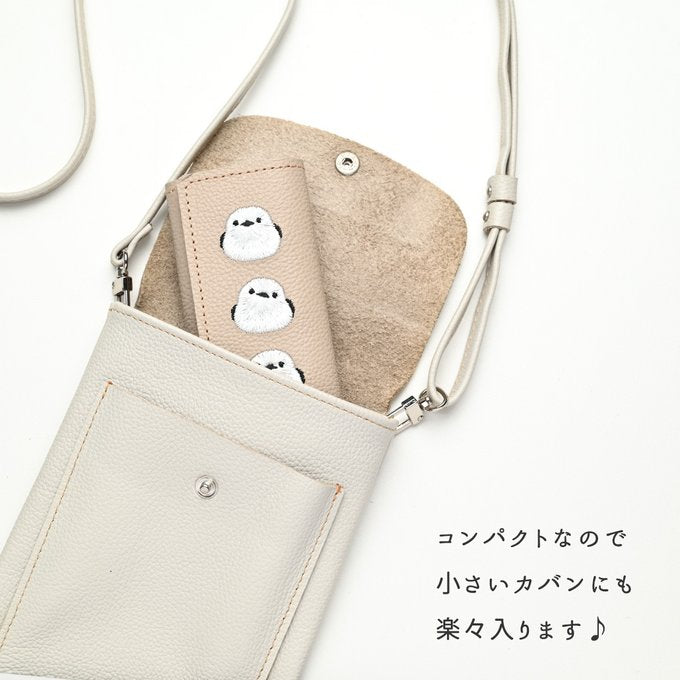 シマエナガとネコ 三つ折り キーケース 【 シュリンクレザー 刺繍 】 姫路レザー 本革