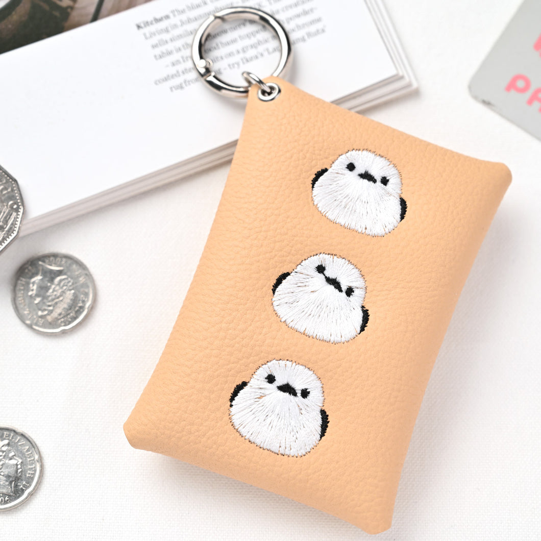 シマエナガとネコ マルチポーチ 【 シュリンクレザー 刺繍 】 カード収納 小物入れ