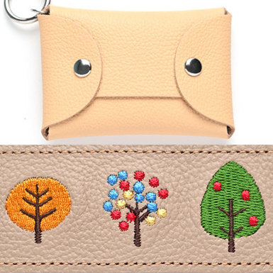 シマエナガとネコ マルチポーチ 【 シュリンクレザー 刺繍 】 カード収納 小物入れ