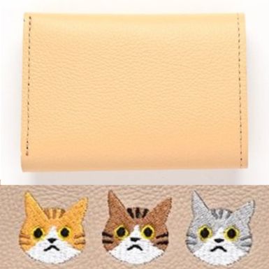 シマエナガとネコ シンプル 三つ折り財布 【 シュリンクレザー 刺繍 】 ミニ財布 ミニウォレット コンパクトウォレット 本革