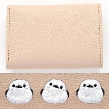 シマエナガとネコ シンプル 三つ折り財布 【 シュリンクレザー 刺繍 】 ミニ財布 ミニウォレット コンパクトウォレット 本革