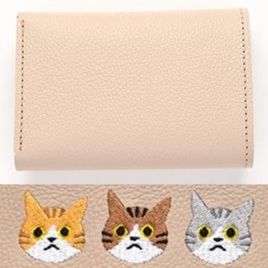 シマエナガとネコ シンプル 三つ折り財布 【 シュリンクレザー 刺繍 】 ミニ財布 ミニウォレット コンパクトウォレット 本革