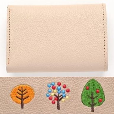 シマエナガとネコ シンプル 三つ折り財布 【 シュリンクレザー 刺繍 】 ミニ財布 ミニウォレット コンパクトウォレット 本革