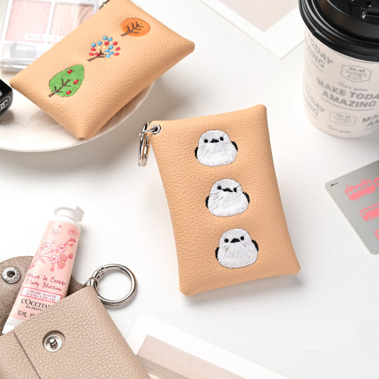 シマエナガとネコ マルチポーチ 【 シュリンクレザー 刺繍 】 カード収納 小物入れ