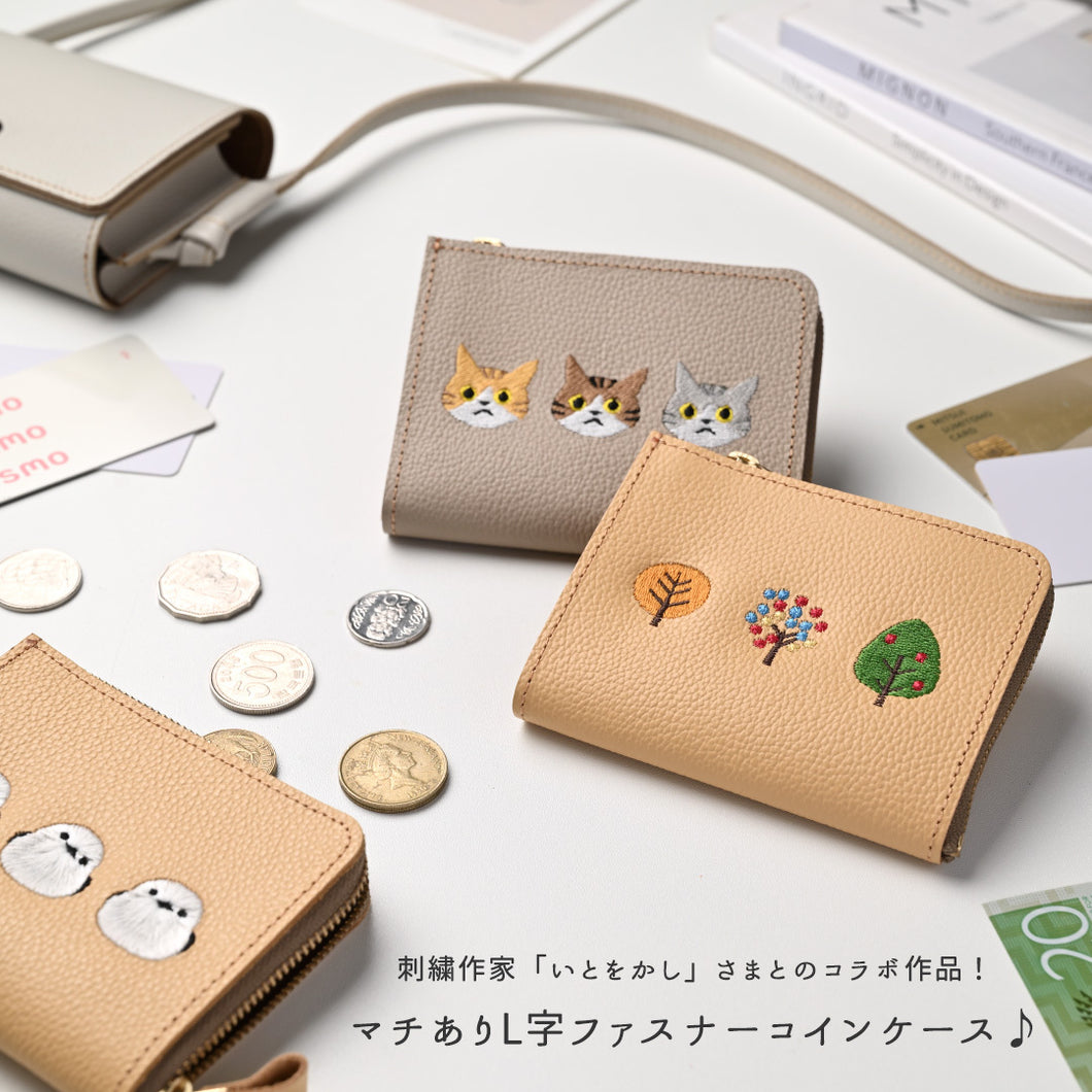 サンポ刺繍 マチあり L字ファスナー コインケース 【 シュリンクレザー 刺繍 】 本革 財布 ミニウォレット 姫路レザー