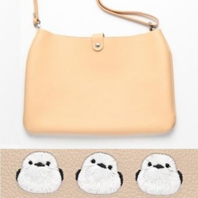 シマエナガとネコ ショルダーバッグ 【 シュリンクレザー 刺繍 】姫路レザー 長さ調節可ストラップ ポシェット