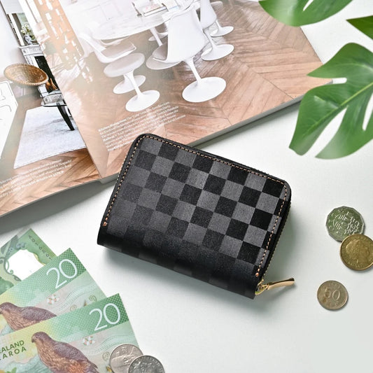 イタリアンレザー 市松模様 お札が折れない コンパクトウォレット 本革 ミニ財布