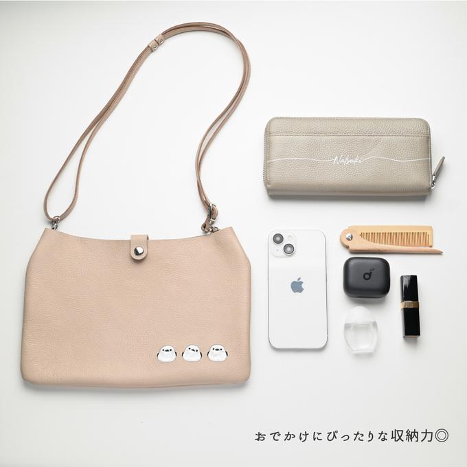 シマエナガとネコ ショルダーバッグ 【 シュリンクレザー 刺繍 】姫路レザー 長さ調節可ストラップ ポシェット