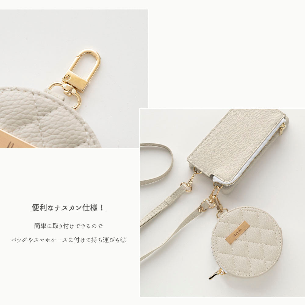 ミラー付き ラウンドポーチ キルティング simple ネームプレート 名入れ
