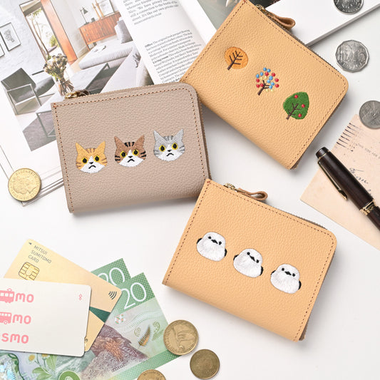 サンポ刺繍 マチあり L字ファスナー コインケース 【 シュリンクレザー 刺繍 】 本革 財布 ミニウォレット 姫路レザー