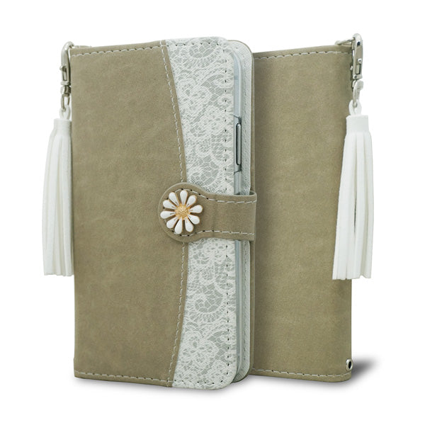 iPhone15 Pro スマホケース 手帳型 フリンジ風 ストラップ付 フラワーデコ