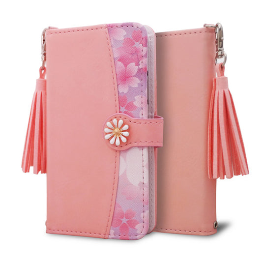 Xperia 1 VI SO-51E docomo スマホケース 手帳型 フリンジ風 ストラップ付 フラワーデコ