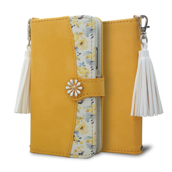 シンプルスマホ7 A404SH SoftBank スマホケース 手帳型 フリンジ風 ストラップ付 フラワーデコ