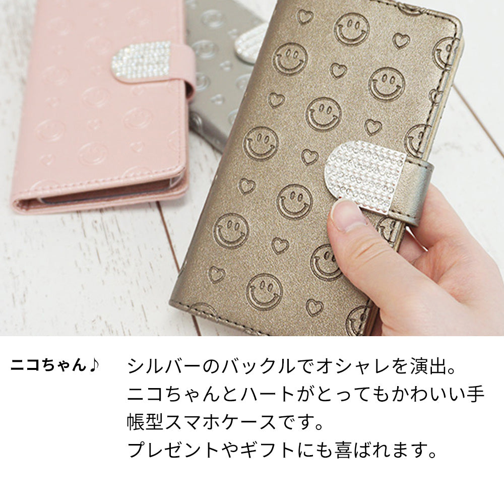 arrows We2 FCG02 au スマホケース 手帳型 ニコちゃん ハート デコ ラインストーン バックル 耐衝撃