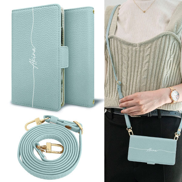 AQUOS wish5 SH-M32 スマホショルダー 【 手帳型 Simple 名入れ 長さ調整可能ストラップ付き 】 耐衝撃