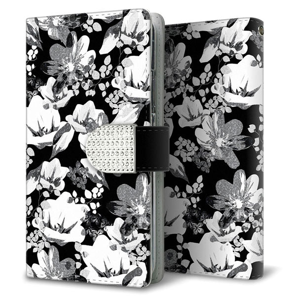 AQUOS SH-M04-A モノトーンフラワーキラキラバックル 手帳型ケース 耐衝撃