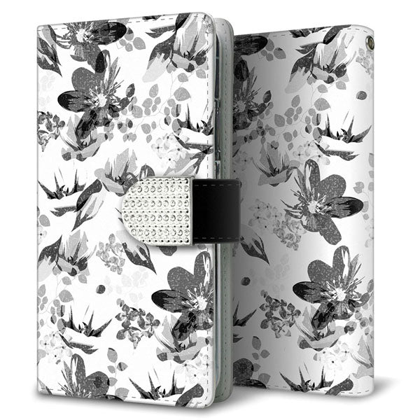 AQUOS sense lite モノトーンフラワーキラキラバックル 手帳型ケース 耐衝撃