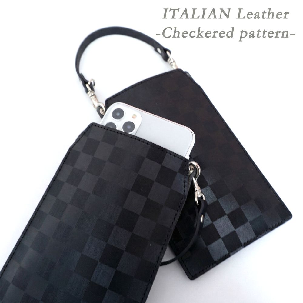 イタリアンレザー 市松模様 スマホポーチ