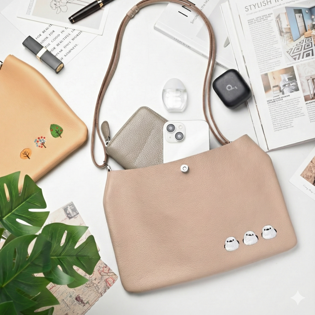 サンポ刺繍 ショルダーバッグ 【 シュリンクレザー 刺繍 】姫路レザー 長さ調節可ストラップ ポシェット