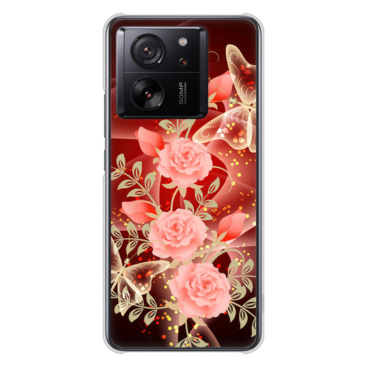 Xiaomi 13T Pro A301XM SoftBank 高画質仕上げ 背面印刷 ハードケース 【VA824 魅惑の蝶とピンクのバラ】