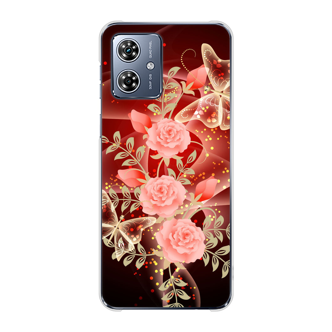 moto g64y 5G A401MO Y!mobile 高画質仕上げ 背面印刷 ハードケース 【VA824 魅惑の蝶とピンクのバラ】