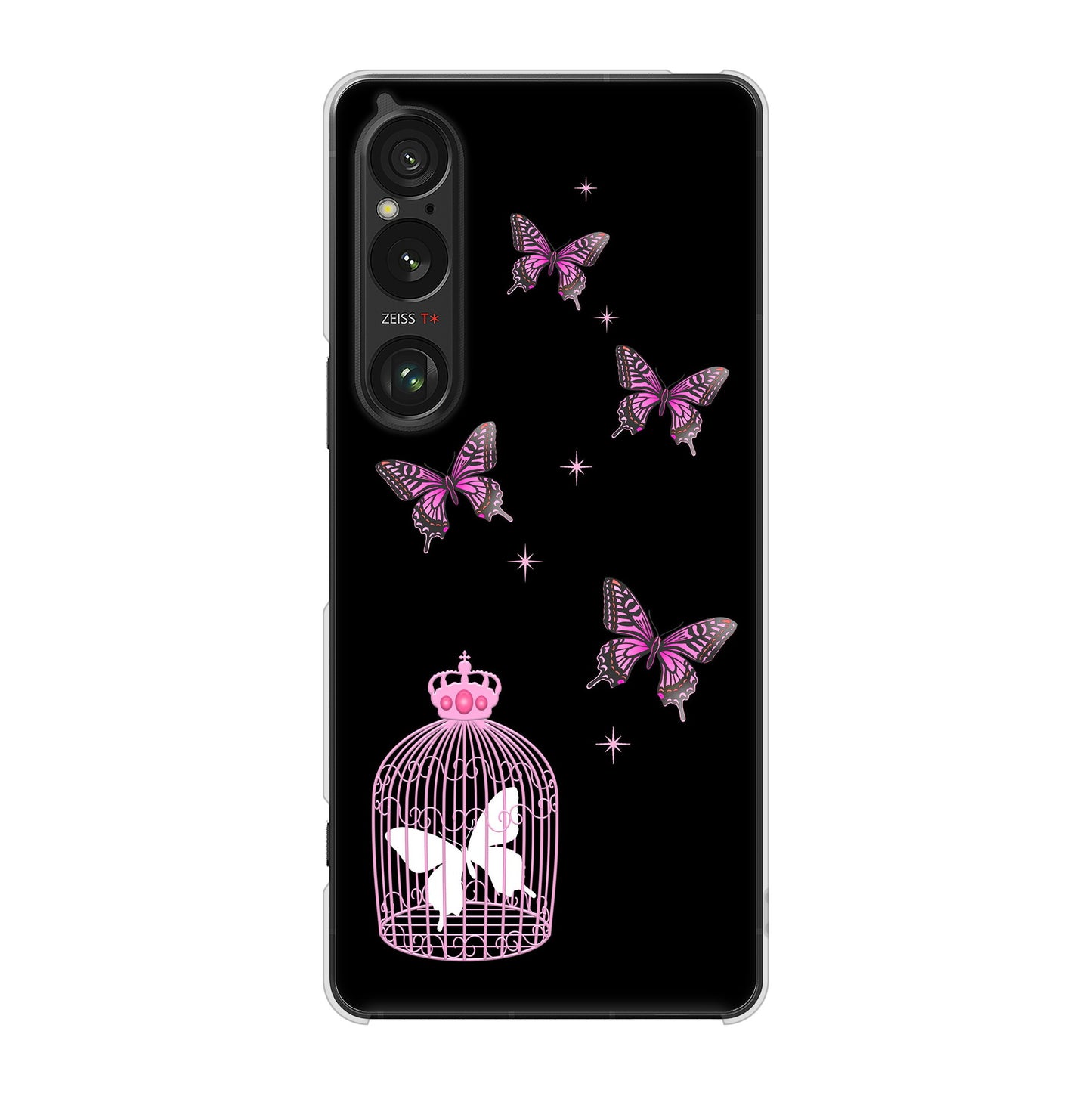 Xperia 1 VI A401SO SoftBank 高画質仕上げ 背面印刷 ハードケースむかいあぐる 蝶の王冠鳥かご
