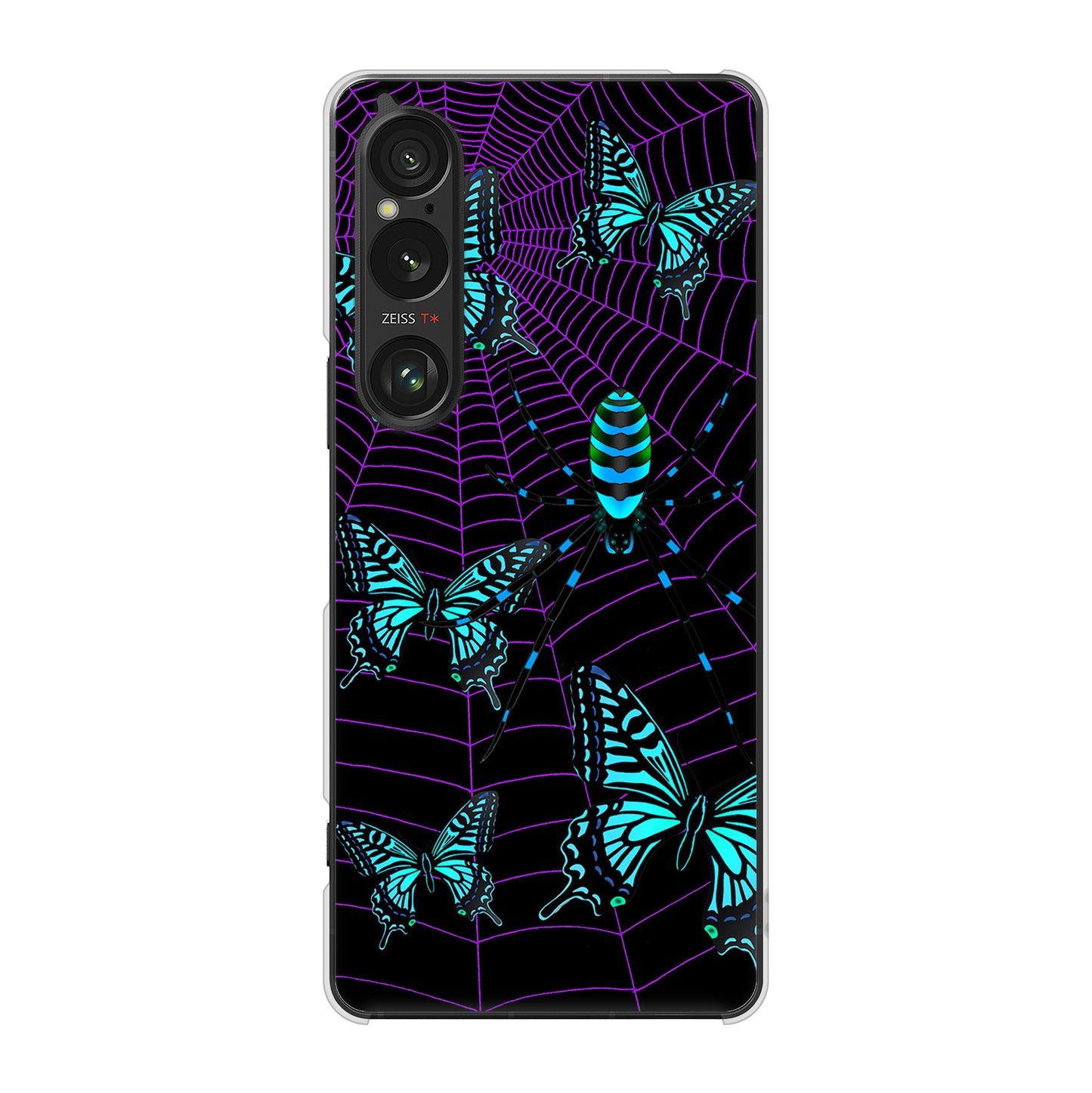 Xperia 1 VI A401SO SoftBank 高画質仕上げ 背面印刷 ハードケースむかいあぐる 蜘蛛の巣に舞う蝶