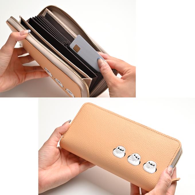 シマエナガとネコ じゃばら式 ロングウォレット 【 シュリンクレザー 刺繍 】長財布 本革 姫路レザー