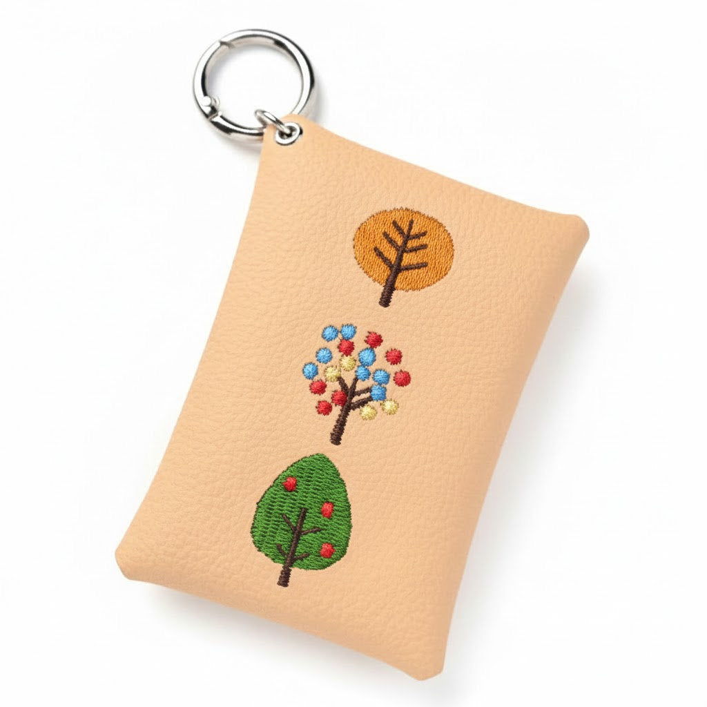 シマエナガとネコ マルチポーチ 【 シュリンクレザー 刺繍 】 カード収納 小物入れ