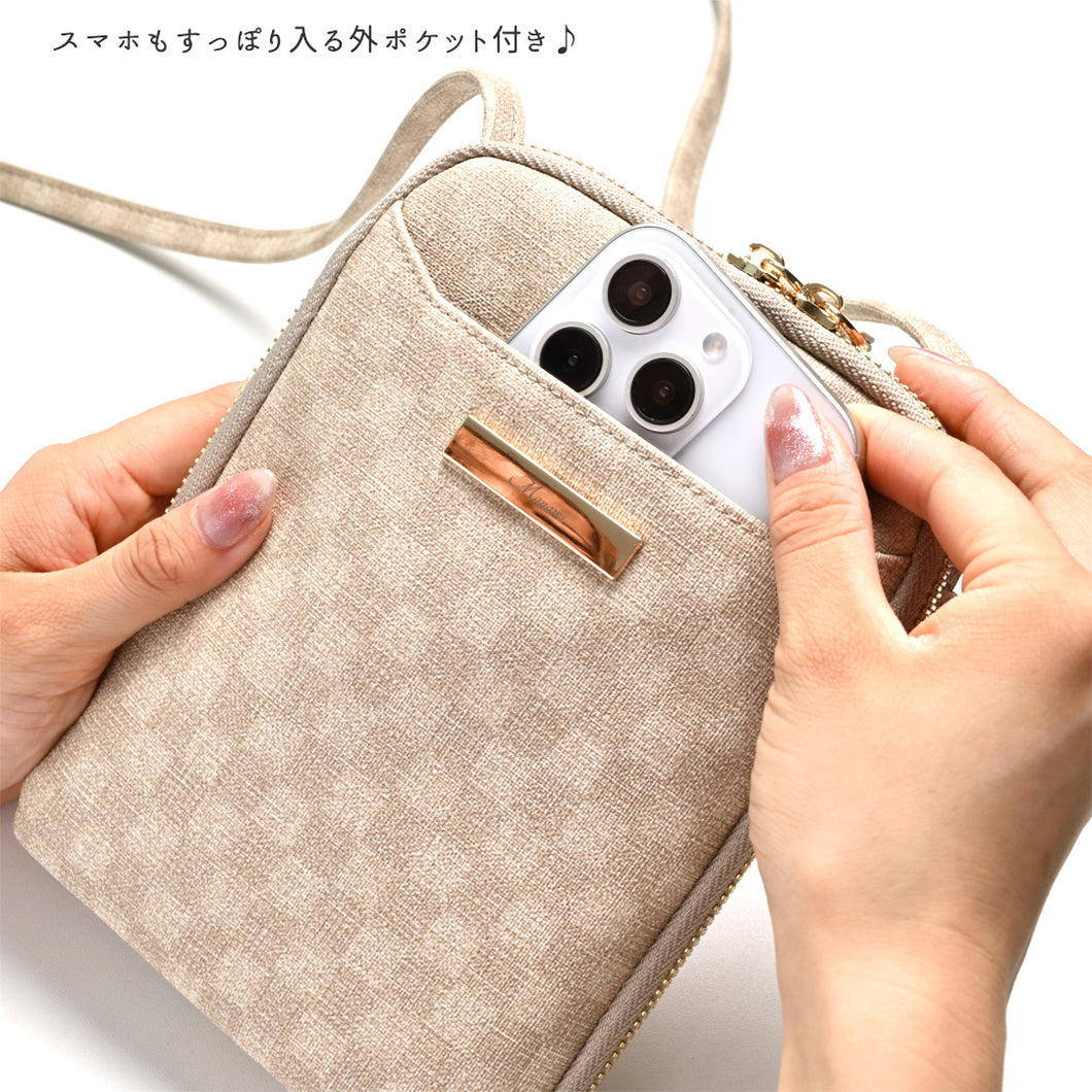 フィオレッティ 市松模様 名入れ お財布ショルダー ラウンドファスナー スマホポシェット