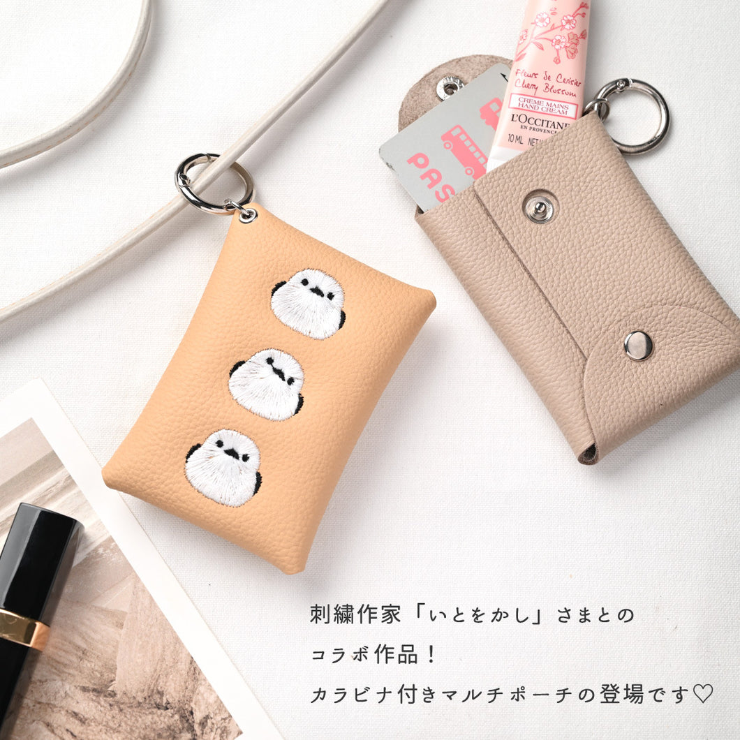 シマエナガとネコ マルチポーチ 【 シュリンクレザー 刺繍 】 カード収納 小物入れ