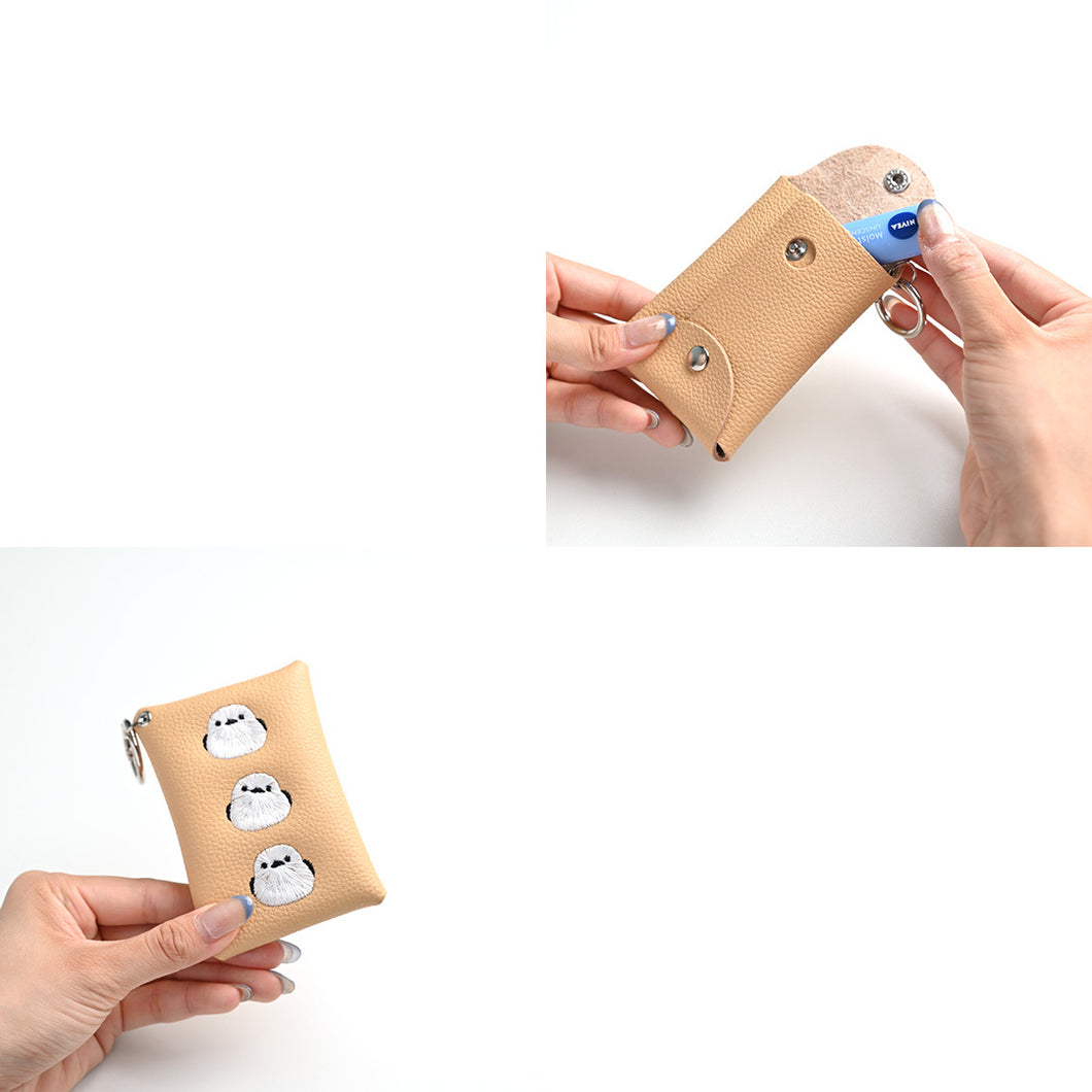 シマエナガとネコ マルチポーチ 【 シュリンクレザー 刺繍 】 カード収納 小物入れ