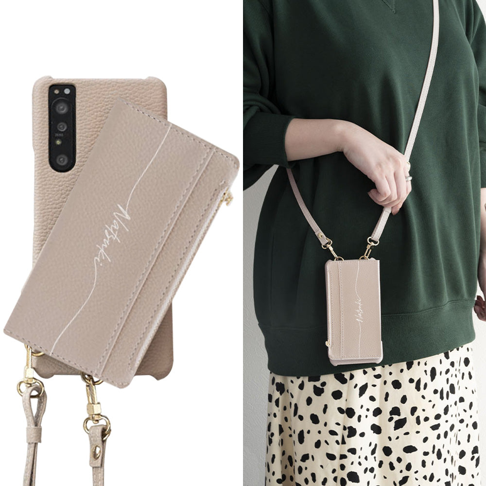 AQUOS wish3 A302SH Y!mobile 回転式ミニ財布付きスマホショルダー くすみカラー Simple 名入れ