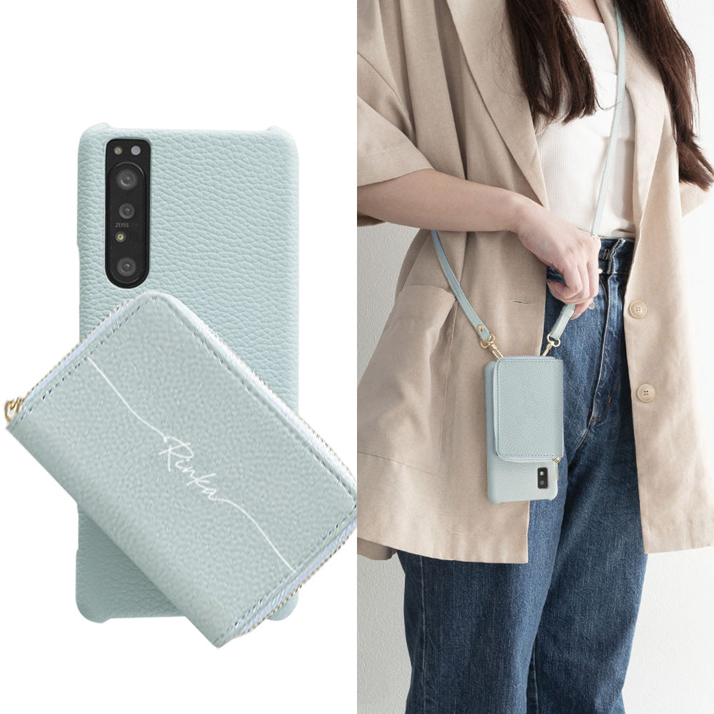 AQUOS sense SH-01K docomo 回転式ミニ財布付きスマホショルダー くすみカラー Simple 名入れ
