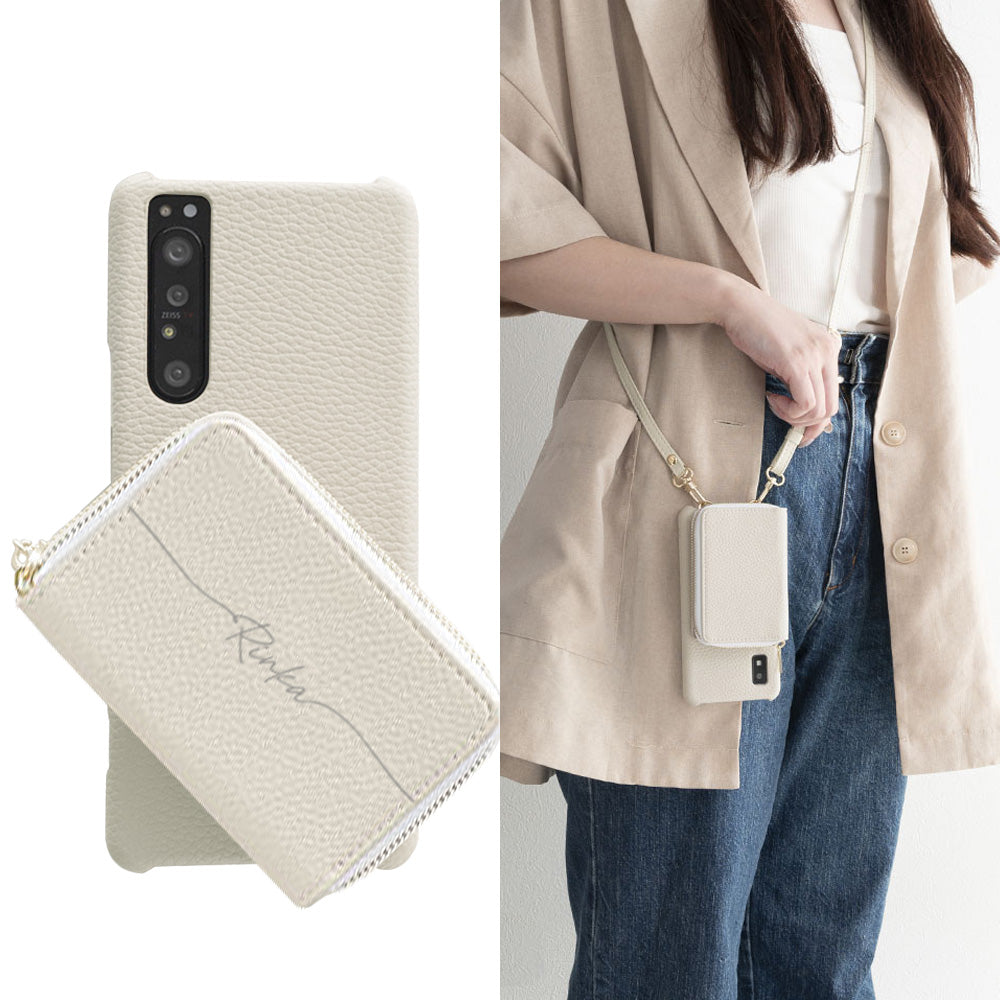 AQUOS sense SH-01K docomo 回転式ミニ財布付きスマホショルダー くすみカラー Simple 名入れ