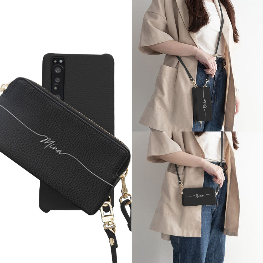 iPhone14 Plus 回転式ミニ財布付きスマホショルダー くすみカラー Simple 名入れ