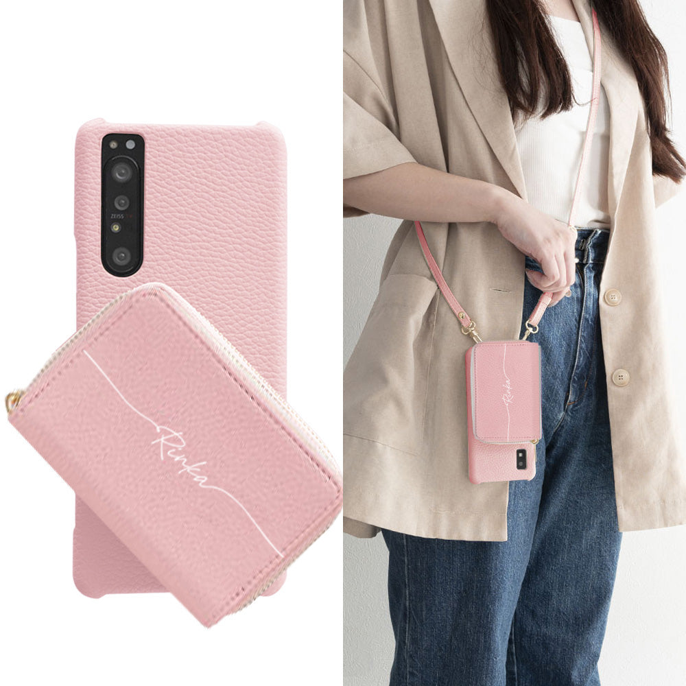 AQUOS sense SH-01K docomo 回転式ミニ財布付きスマホショルダー くすみカラー Simple 名入れ