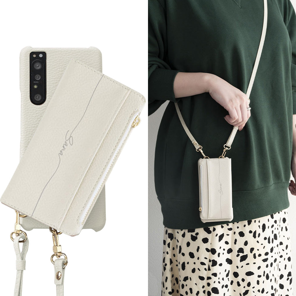 AQUOS wish3 A302SH Y!mobile 回転式ミニ財布付きスマホショルダー くすみカラー Simple 名入れ