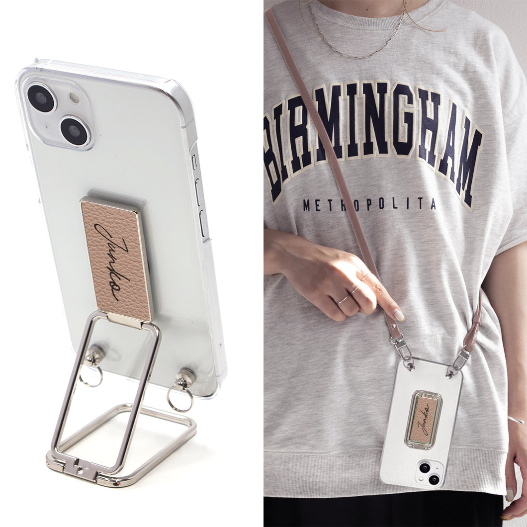 あんしんファミリースマホ A303ZT SoftBank スマホスタンドになる名入れ多機能リング&透明クリアケース ストラップ付き