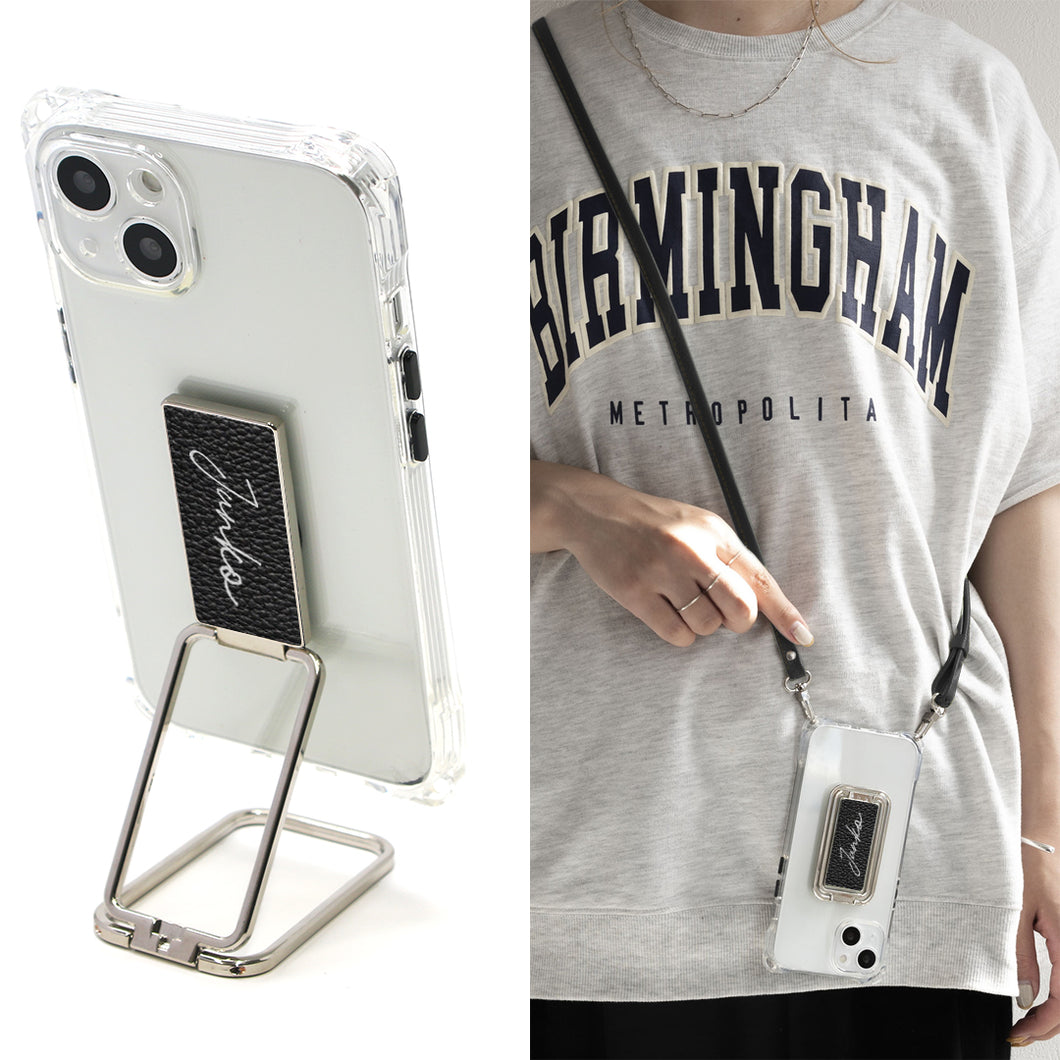 iPhone12 スマホスタンドになる名入れ多機能リング&透明クリアケース ストラップ付き