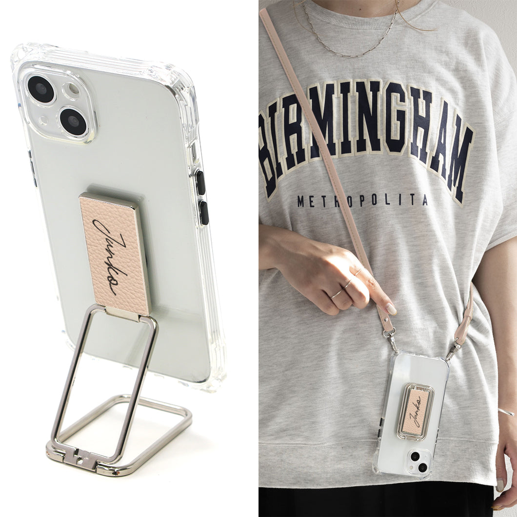 iPhone15 Pro スマホスタンドになる名入れ多機能リング&透明クリアケース ストラップ付き