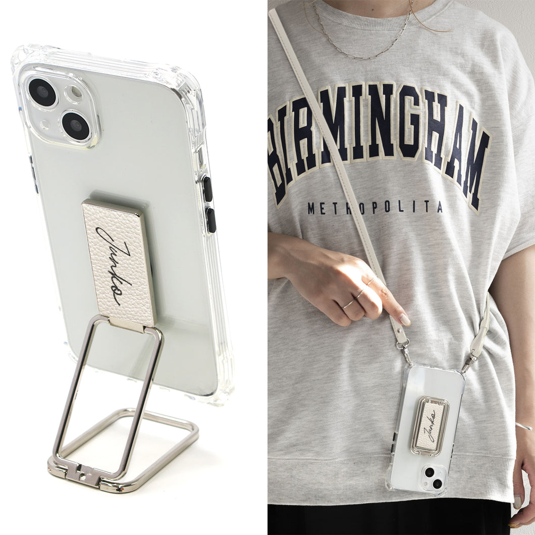 iPhone13 スマホスタンドになる名入れ多機能リング&透明クリアケース ストラップ付き