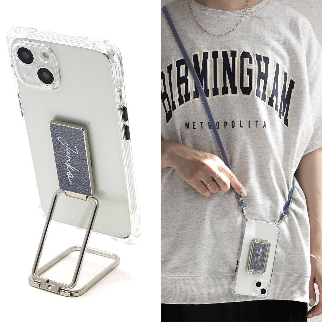 iPhone XR スマホスタンドになる名入れ多機能リング&透明クリアケース ストラップ付き