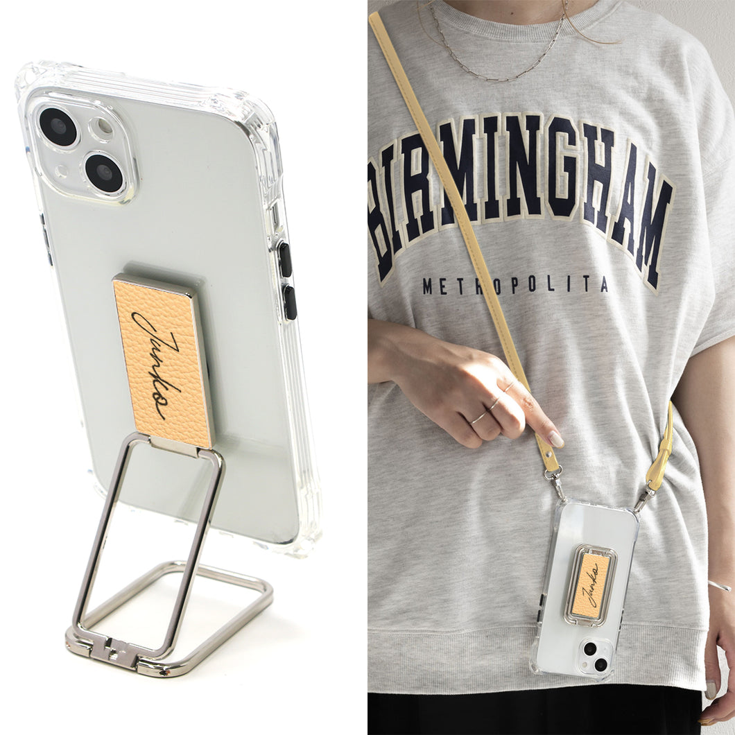 iPhone8 PLUS スマホスタンドになる名入れ多機能リング&透明クリアケース ストラップ付き