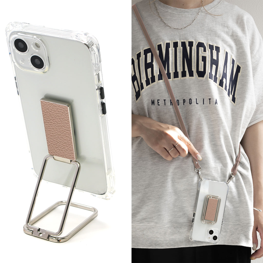 iPhone6 スマホスタンドになる名入れ多機能リング&透明クリアケース ストラップ付き