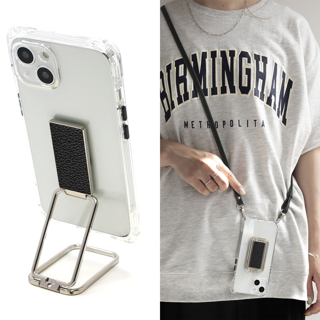 iPhone14 スマホスタンドになる名入れ多機能リング&透明クリアケース ストラップ付き